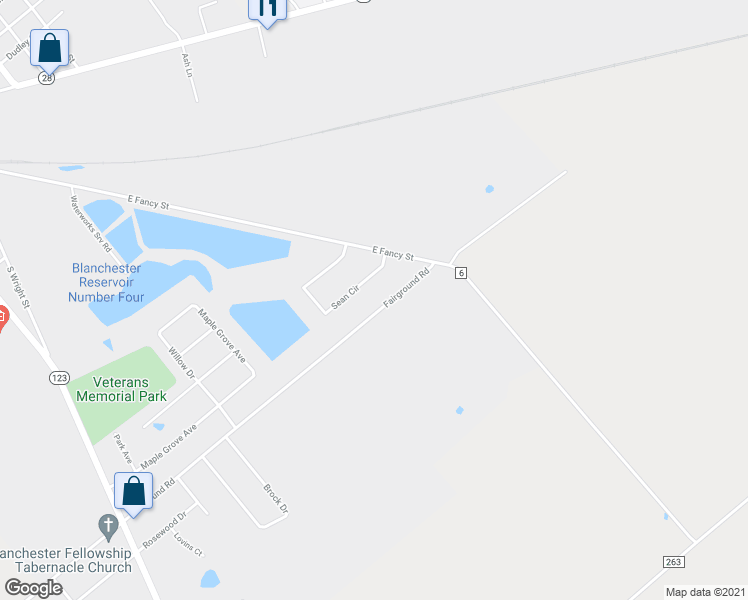 map of restaurants, bars, coffee shops, grocery stores, and more near 7276 Fairground Road in Blanchester