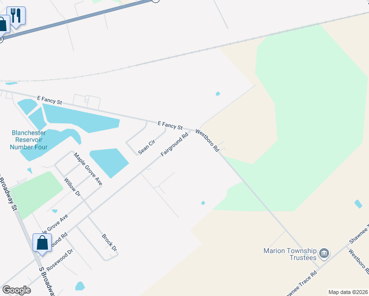 map of restaurants, bars, coffee shops, grocery stores, and more near 7259 Fairground Road in Blanchester