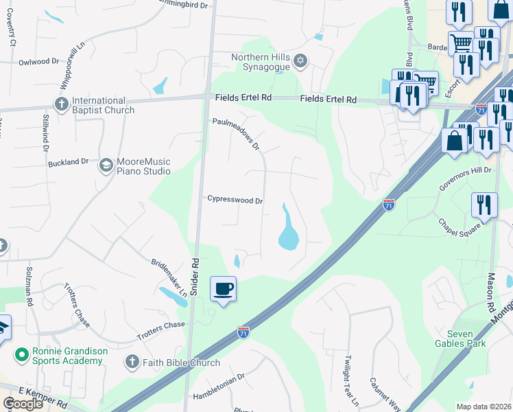 map of restaurants, bars, coffee shops, grocery stores, and more near 11991 Paulmeadows Drive in Cincinnati