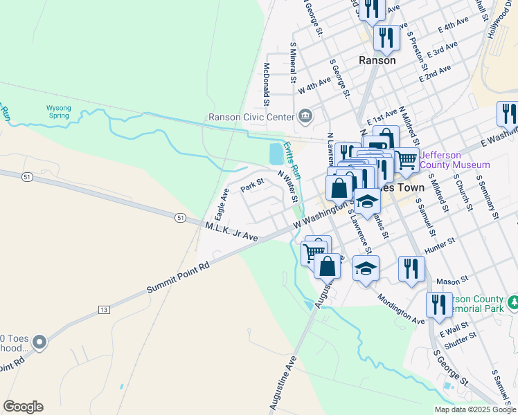 map of restaurants, bars, coffee shops, grocery stores, and more near 111 Center Street in Charles Town