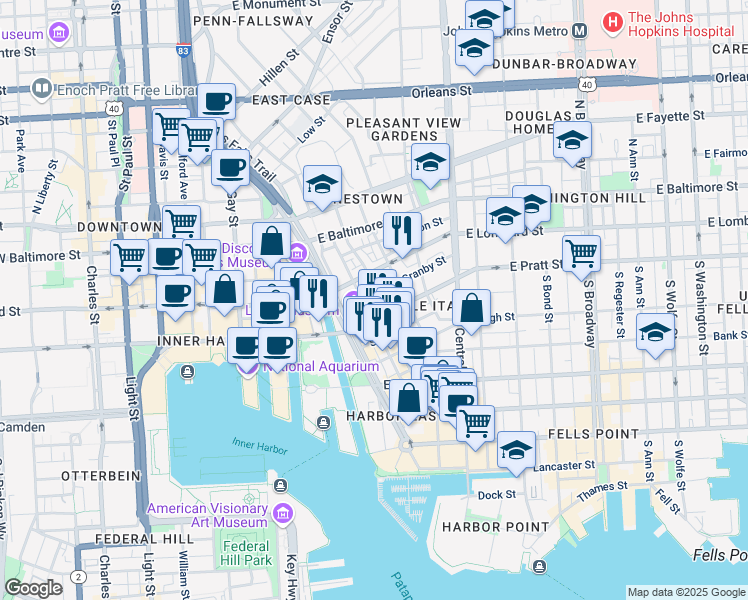 map of restaurants, bars, coffee shops, grocery stores, and more near 122 South High Street in Baltimore