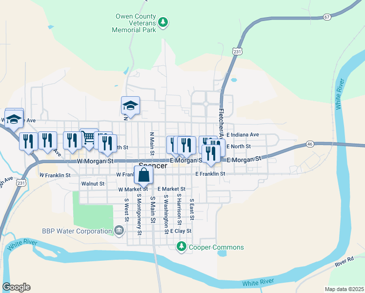 map of restaurants, bars, coffee shops, grocery stores, and more near 201-211 East North Street in Spencer