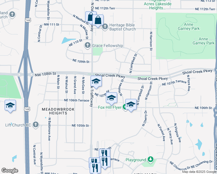 map of restaurants, bars, coffee shops, grocery stores, and more near 528 Northeast 107th Street in Kansas City
