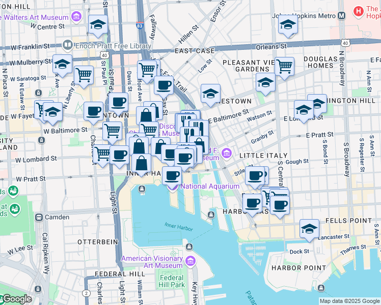 map of restaurants, bars, coffee shops, grocery stores, and more near 600 East Lombard Street in Baltimore
