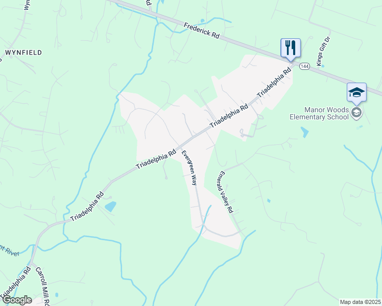 map of restaurants, bars, coffee shops, grocery stores, and more near 3005 Evergreen Way in Ellicott City