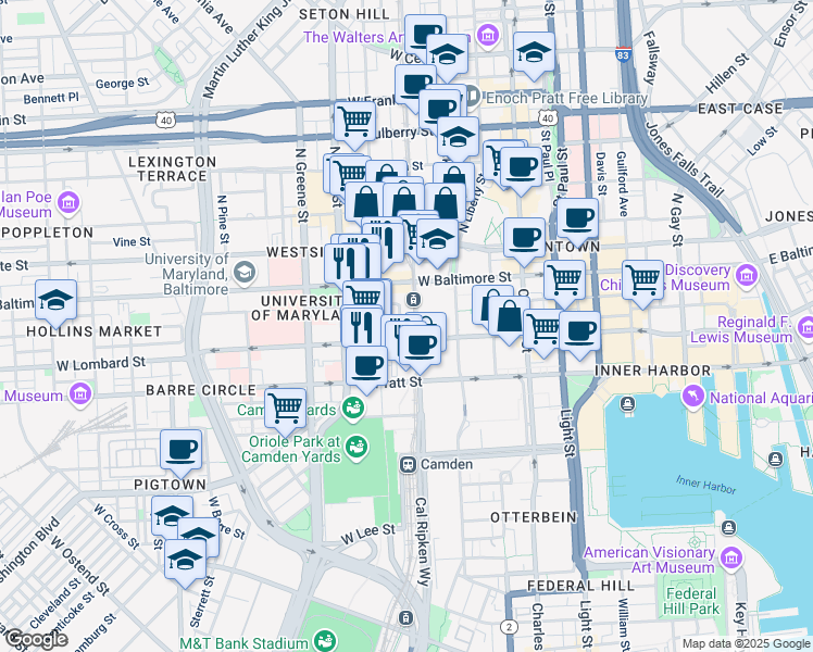 map of restaurants, bars, coffee shops, grocery stores, and more near 300 West Lombard Street in Baltimore