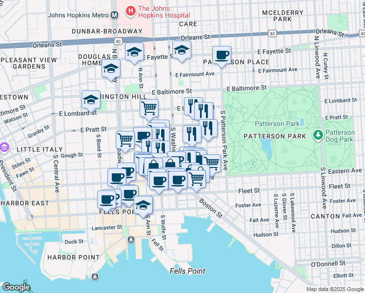 map of restaurants, bars, coffee shops, grocery stores, and more near 2016 Gough Street in Baltimore