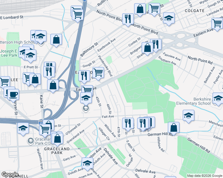 map of restaurants, bars, coffee shops, grocery stores, and more near 505 47th Street in Baltimore