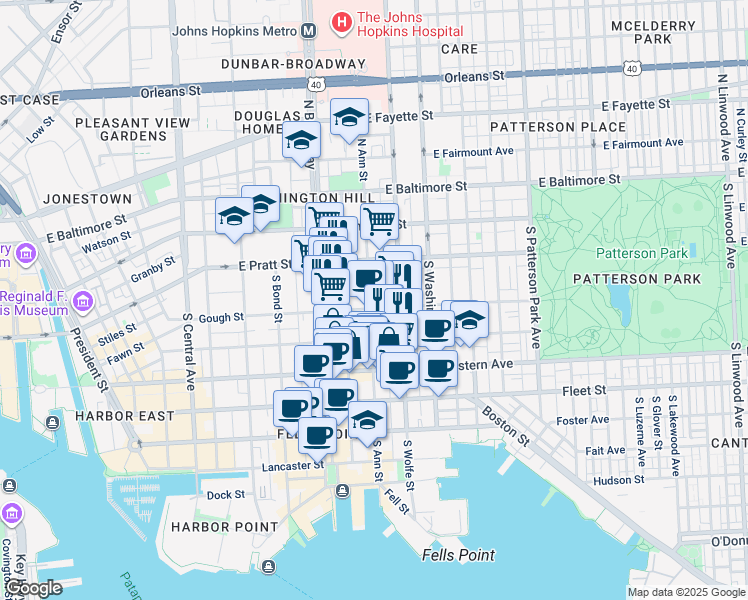 map of restaurants, bars, coffee shops, grocery stores, and more near 261 South Ann Street in Baltimore
