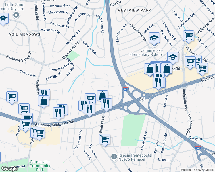 map of restaurants, bars, coffee shops, grocery stores, and more near 600 Winters Lane in Catonsville