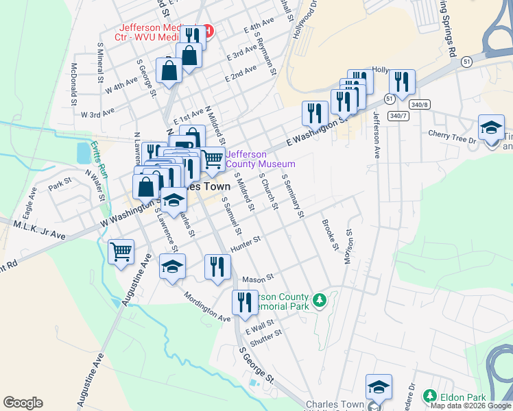 map of restaurants, bars, coffee shops, grocery stores, and more near 311 South Mildred Street in Charles Town