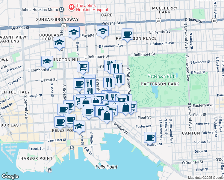 map of restaurants, bars, coffee shops, grocery stores, and more near 249 South Chester Street in Baltimore