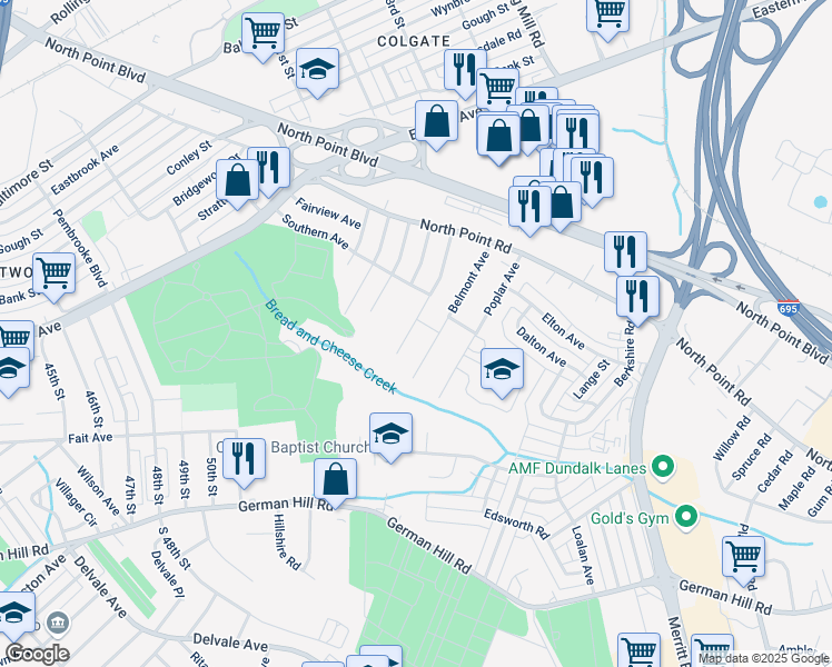 map of restaurants, bars, coffee shops, grocery stores, and more near 7517 Carson Avenue in Baltimore