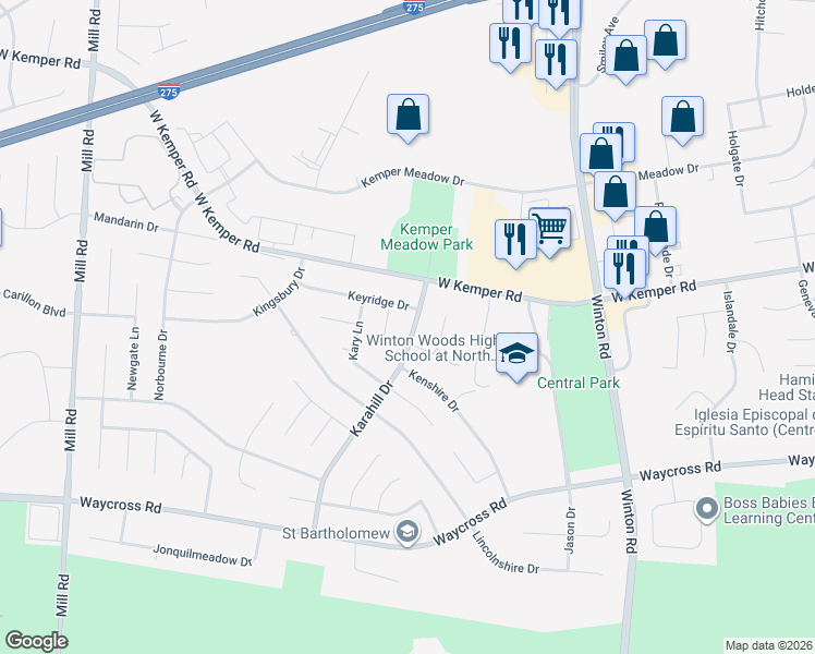 map of restaurants, bars, coffee shops, grocery stores, and more near 1364 Karahill Drive in Cincinnati