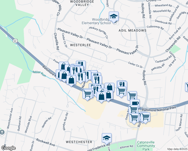 map of restaurants, bars, coffee shops, grocery stores, and more near 1001 Spring Gate Road in Catonsville