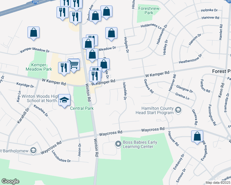 map of restaurants, bars, coffee shops, grocery stores, and more near 11547 Imhoff Court in Cincinnati