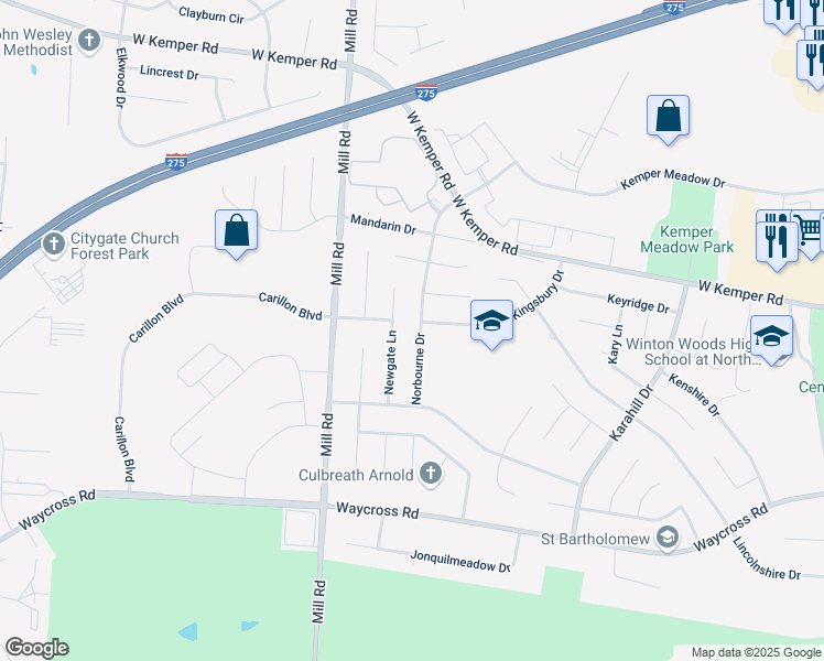 map of restaurants, bars, coffee shops, grocery stores, and more near 11554 Norbourne Drive in Cincinnati