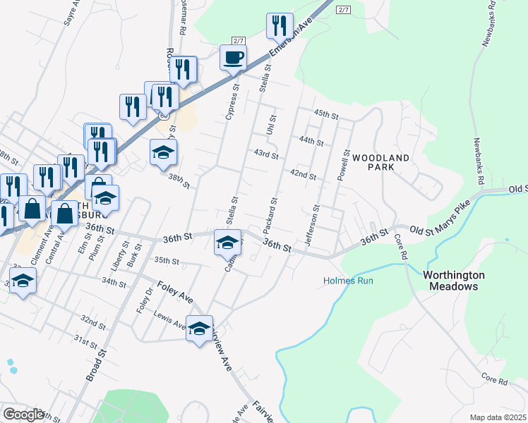 map of restaurants, bars, coffee shops, grocery stores, and more near 3623 Packard Street in Parkersburg