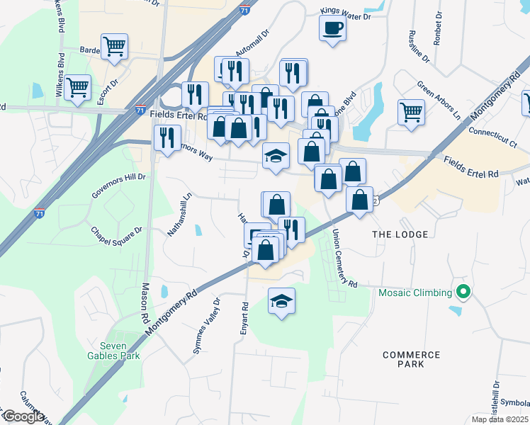 map of restaurants, bars, coffee shops, grocery stores, and more near 11971 Olde Dominion Drive in Cincinnati