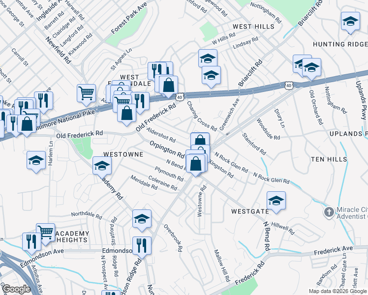 map of restaurants, bars, coffee shops, grocery stores, and more near 612 Aldershot Road in Baltimore
