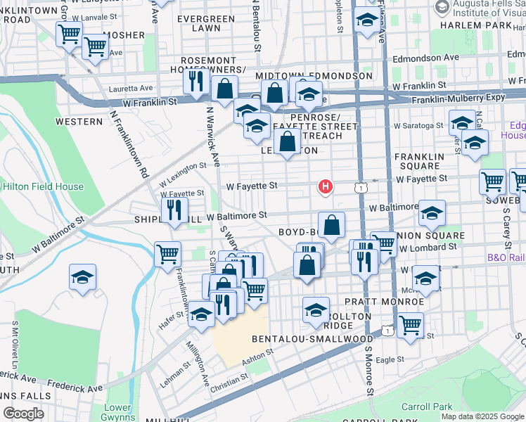 map of restaurants, bars, coffee shops, grocery stores, and more near 2300 West Baltimore Street in Baltimore