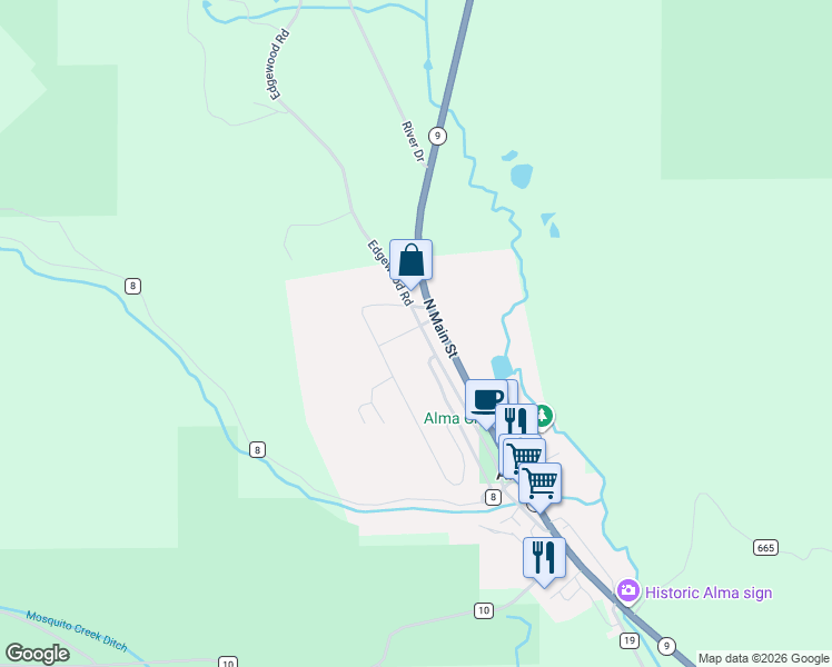 map of restaurants, bars, coffee shops, grocery stores, and more near 495 North Pine Street in Alma
