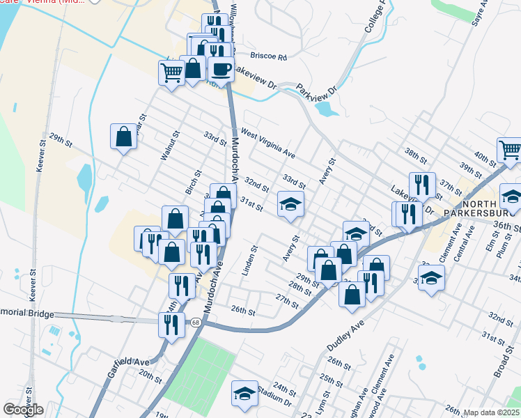 map of restaurants, bars, coffee shops, grocery stores, and more near 898 31st Street in Parkersburg