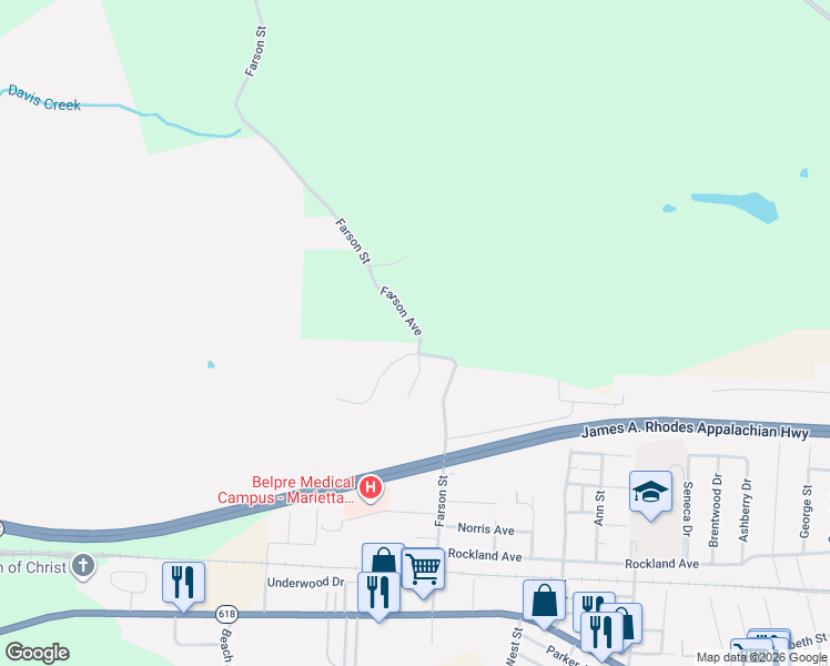 map of restaurants, bars, coffee shops, grocery stores, and more near 2502 Valley View Drive in Belpre