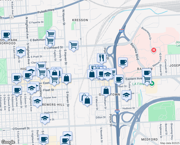 map of restaurants, bars, coffee shops, grocery stores, and more near 346 South Lehigh Street in Baltimore