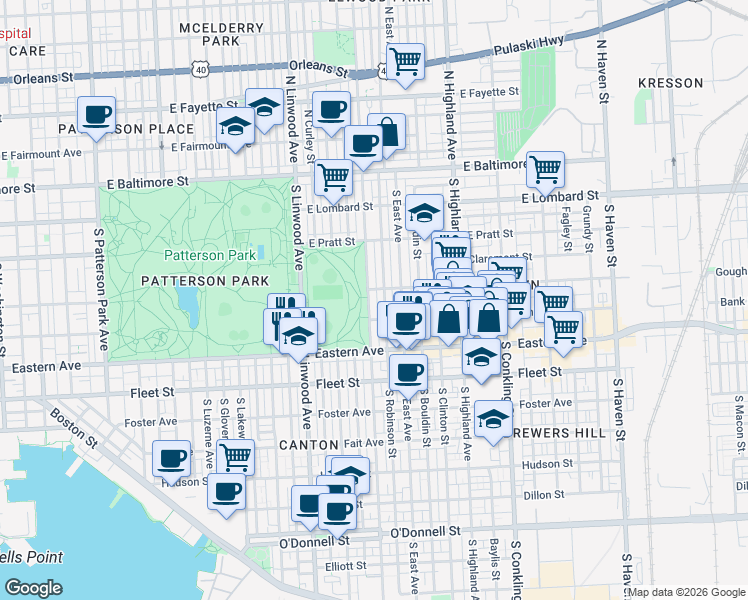 map of restaurants, bars, coffee shops, grocery stores, and more near 313 South Ellwood Avenue in Baltimore