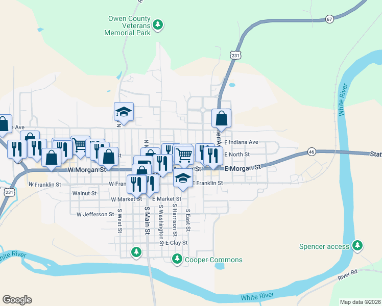 map of restaurants, bars, coffee shops, grocery stores, and more near 345 E North St in Spencer