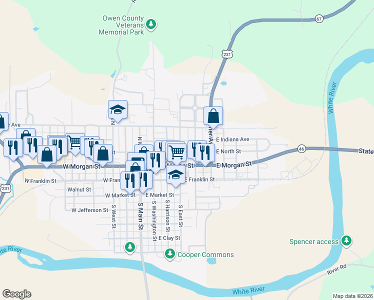 map of restaurants, bars, coffee shops, grocery stores, and more near 345 East North Street in Spencer