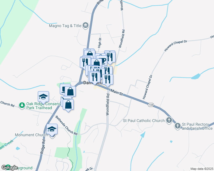 map of restaurants, bars, coffee shops, grocery stores, and more near 9801 Main St in Damascus