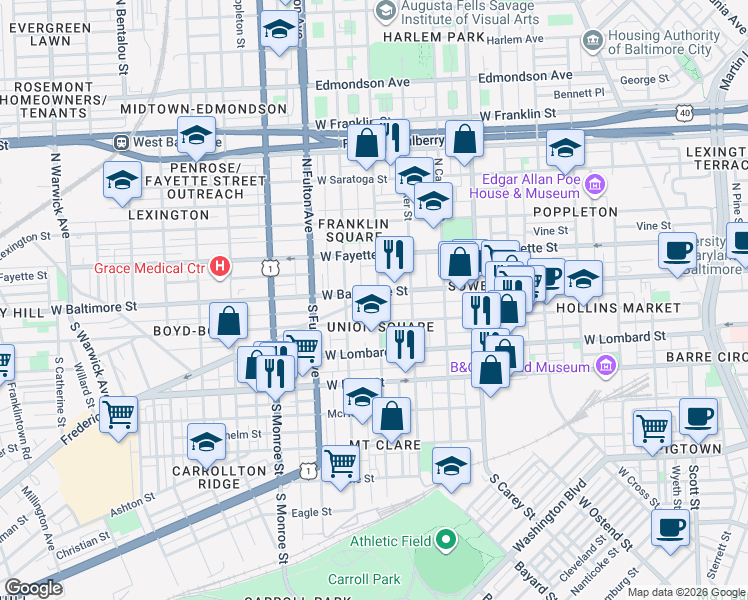 map of restaurants, bars, coffee shops, grocery stores, and more near 1601 Frederick Avenue in Baltimore