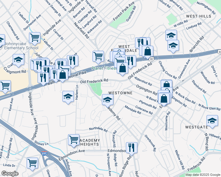 map of restaurants, bars, coffee shops, grocery stores, and more near 5435 Bristol Green Way in Baltimore