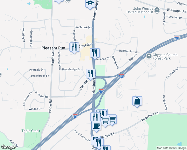map of restaurants, bars, coffee shops, grocery stores, and more near 11301-11317 Hamilton Ave in Cincinnati