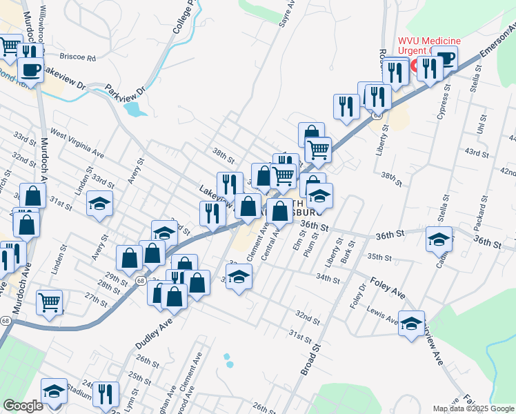 map of restaurants, bars, coffee shops, grocery stores, and more near 3509 Emerson Avenue in Parkersburg