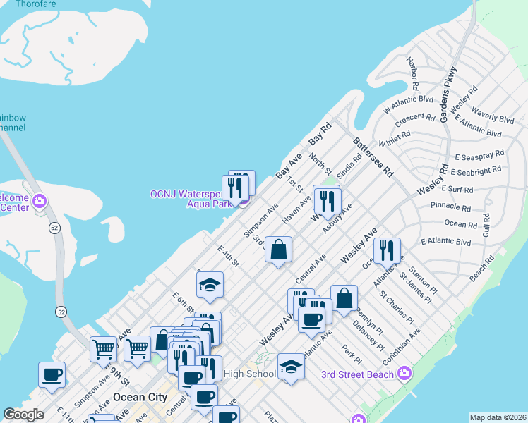 map of restaurants, bars, coffee shops, grocery stores, and more near in Ocean City
