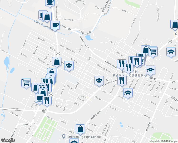 map of restaurants, bars, coffee shops, grocery stores, and more near 3205 Bartlett Street in Parkersburg