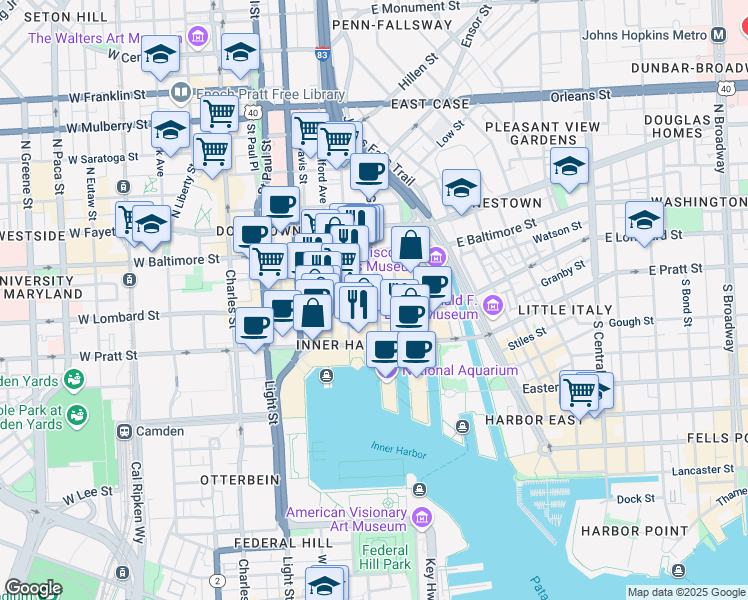 map of restaurants, bars, coffee shops, grocery stores, and more near 40 South Gay Street in Baltimore