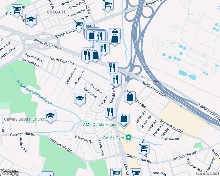 map of restaurants, bars, coffee shops, grocery stores, and more near 1056 Wilson Point Road in Baltimore