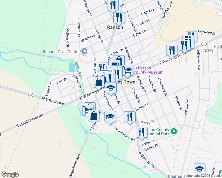 map of restaurants, bars, coffee shops, grocery stores, and more near 110 South Charles Street in Charles Town