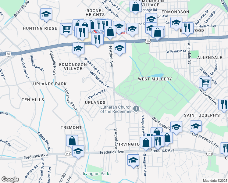 map of restaurants, bars, coffee shops, grocery stores, and more near Old Frederick Rd & N Athol Ave in Baltimore
