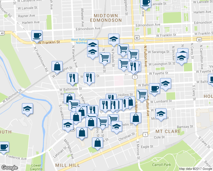 map of restaurants, bars, coffee shops, grocery stores, and more near 2138 West Baltimore Street in Baltimore