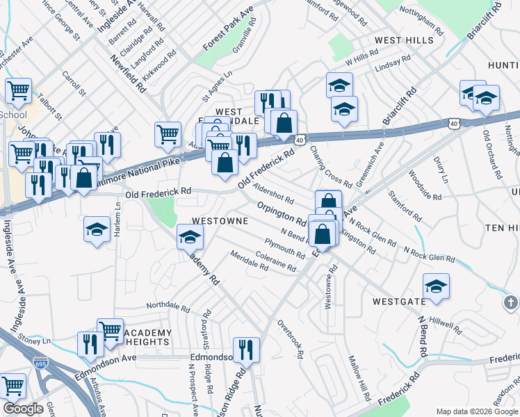 map of restaurants, bars, coffee shops, grocery stores, and more near 642 Orpington Road in Baltimore