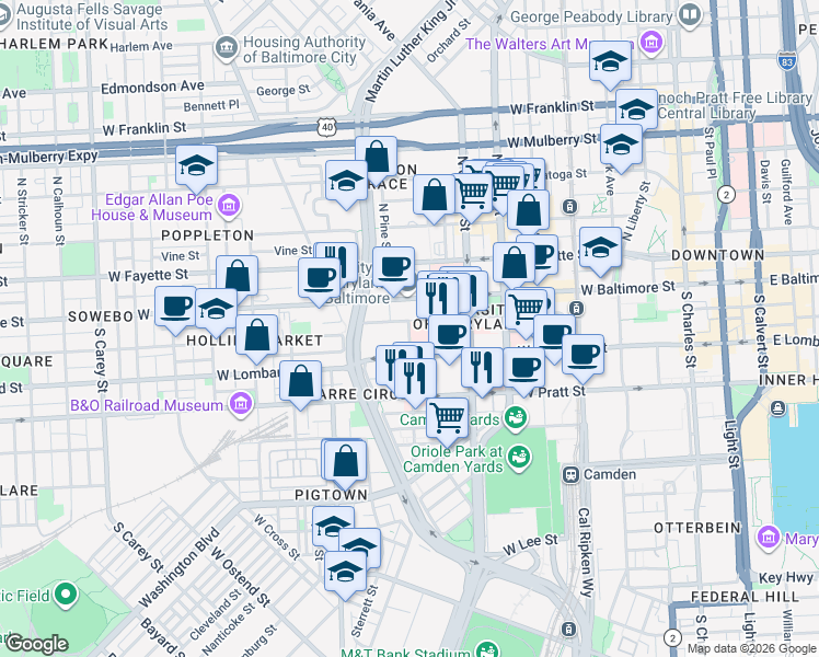 map of restaurants, bars, coffee shops, grocery stores, and more near 33 Penn Street in Baltimore