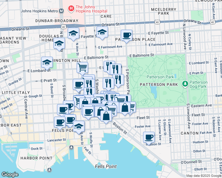 map of restaurants, bars, coffee shops, grocery stores, and more near 241 South Chester Street in Baltimore