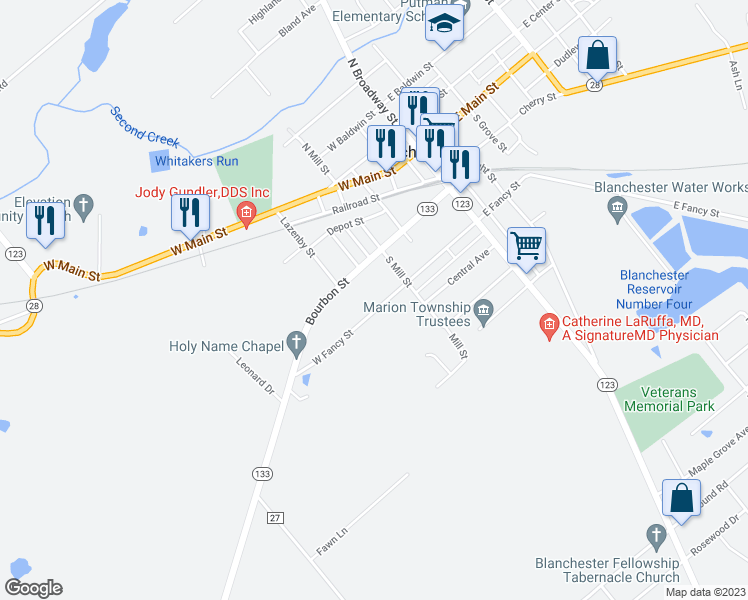 map of restaurants, bars, coffee shops, grocery stores, and more near 232 West Fancy Street in Blanchester
