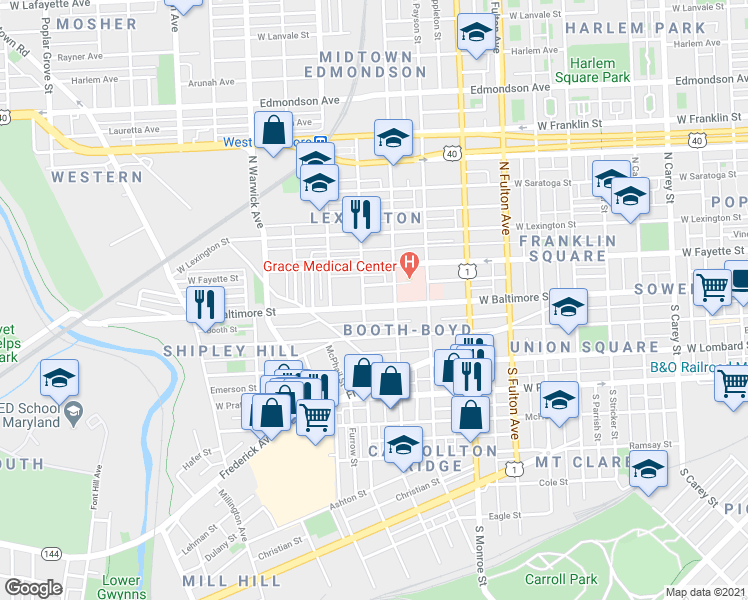 map of restaurants, bars, coffee shops, grocery stores, and more near 2126 West Baltimore Street in Baltimore