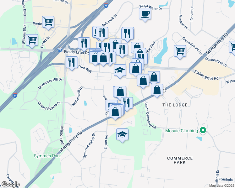 map of restaurants, bars, coffee shops, grocery stores, and more near 9116 Dominion Circle in Cincinnati